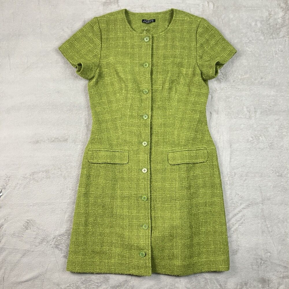J Crew Tall Wool Blend Tweed Parc Dress Womens 12T Green Mini Preppy Fall